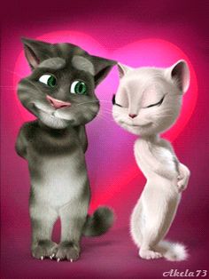 two cats standing next to each other on a pink background with a heart behind them