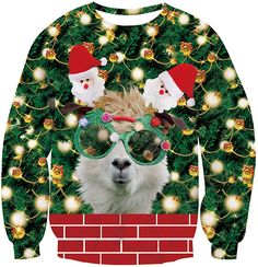 an ugly sweater with santa claus and his dog wearing sunglasses on top of a brick wall