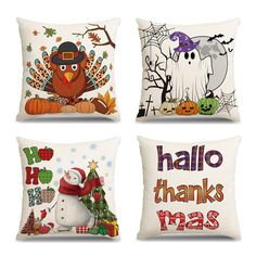 four pillows with different designs on them, one has a turkey and the other has a snowman