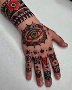 a person's hand with tattoos on it and an eye in the middle of their hand