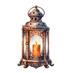 an old fashioned lantern with a lit candle in it's center, on a white background