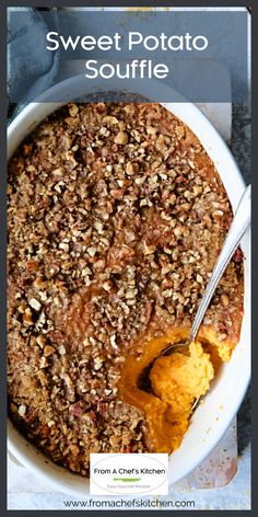 sweet potato souffle in a white dish with a spoon and text overlay that reads, sweet potato souffle