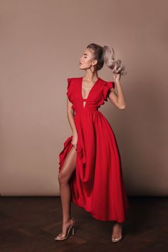 V-neck Midi Dress With Ruffles For Formal Occasions, Party Midi Dress With Ruffles And Flutter Sleeves, Elegant Flowy V-neck Ruffle Dress, Ruffled V-neck Maxi Dress For Gala, V-neck Chiffon Midi Dress For Cocktail, Elegant Flowy Midi Ruffle Dress, Elegant V-neck Ruffle Dress For Evening, Summer Party Maxi Dress With Flutter Sleeves, Chic Formal Ruffle Maxi Dress