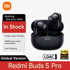 an advertisement for the new redmi buds 5 pro earbuds in black packaging