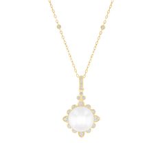 Introducing Downton Abbey by REEDS Jewelers. This necklace is inspired by Lady Edith, the second daughter of Lord and Lady Grantham. This beautiful 10k yellow gold pendant necklace features a round freshwater cultured pearl set within a sunburst-inspired design. Round diamonds adorn the bale, lending a hint of understated sparkle to this elegant necklace. Diamonds are 1/4ctw, I in color, and I2 in clarity. The 18 inch rolo chain accented with round diamonds secures with a spring ring closure. Pe Refined 14k Gold Diamond Necklace With Accents, Timeless Diamond White Gemstone Necklace, Classic Yellow Gold Diamond Necklace With Gemstone, Timeless Diamond White Necklace With Gemstone, Timeless White Necklace With Diamond Accents, Elegant Round Pendant Diamond Necklace With Pave Setting, Refined 14k Gold Necklace With Diamond Accents, Elegant White 14k Gold Diamond Necklace, Elegant White Diamond Necklace In 14k Gold