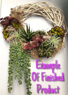 a wreath with succulents and other plants hanging from it's side