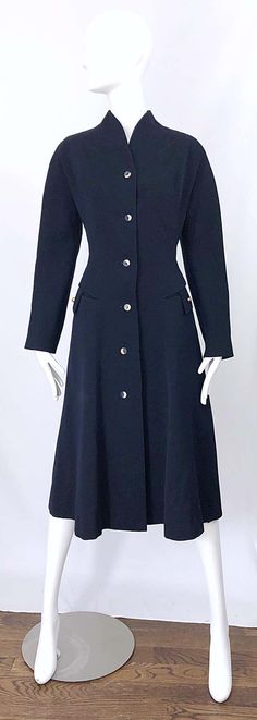 For Sale on 1stDibs - Sleek mid 1940s navy blue soft wool deco style jacket coat! Features a fitted bodice with a generous bottom. Royal blue and ivory color blocked buttons Princess Jacket, Blue Soft, Soft Wool, Ivory Color, Deco Style, Fitted Bodice, Jacket Coat, Color Block, Royal Blue