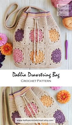 a crocheted bag with flowers on it and the words dahla drawing bag written in