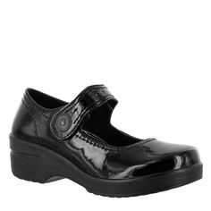 Women's Letsee Slip Resistant Mary Jane from EasyWorks Faux-leather upper in a Mary Jane work clog style with a round toe. Slip-on entry and hook and loop closure. Accented with decorative button. Removable molded insole provides comfort and allows for extra roominess. Slip-resistant synthetic outsole with rubber treads for absorbing shock. Best non-slip/slip resistant nursing shoes. Wedges Shoes Low, Trotters Shoes, Mary Jane Clogs, Work Shoes Women, Shoe Wardrobe, Clogs Style, Womens Mary Janes, Slip On Espadrilles, Peep Toe Shoes