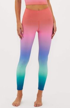 An ombré design details these soft and stretchy leggings topped with a high waist. 26 1/2" inseam; 8" leg opening; 12" front rise; 13" back rise (size Medium) 44% polyester, 36% nylon, 20% spandex Machine wash, dry flat Imported Multicolor Bottoms For Pilates, Stretch Tie Dye Beach Bottoms, Ombre Pants, Multicolor Full Length Athleisure Leggings, Pink Tie Dye Leggings, Multicolor Full-length Athleisure Leggings, Ombre Leggings, Stirrup Leggings, Beach Riot