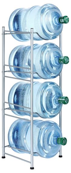 a metal rack with water bottles on it