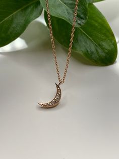 "Dainty Diamond Moon Necklace Pendant in 14k rose gold. This necklace is perfect by itself or or layered. You can wear it day or night. This necklace is versatile and perfect as a gift. Effortlessly trendy and beautiful! Metal14k Rose gold Pure gold / Finish.... polish NecklaceHandmade in USA Diamond weight0.10CT G - VS1 quality *14k rose gold chain included * Chain sizes Available.. 16\", 18\" , 20 inches long" Elegant Moon-shaped Necklace With Delicate Chain, 14k Rose Gold Necklace, Minimalist 14k Rose Gold Necklace, 14k Rose Gold Moon-shaped Jewelry, Rose Gold Crescent Necklace With Moon Charm, 14k Rose Gold Necklaces For Gifts, 14k Rose Gold Crescent Jewelry, 14k Rose Gold Crescent Shaped Jewelry, 14k Rose Gold Necklace For Gift