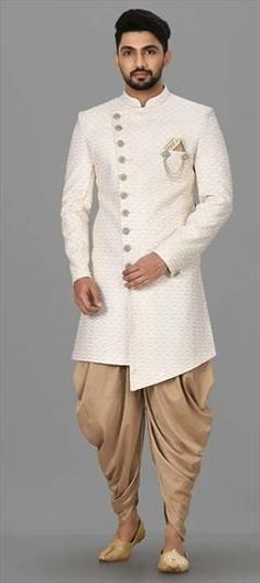 Beige and Brown color Dhoti Kurta in Jamawar fabric with Broches, Resham, Thread work Traditional Fitted Wear For Marriage, Embroidered Sets With Traditional Drape For Marriage, Fitted Traditional Wear For Marriage, Embroidered Sets For Marriage With Traditional Drape, Fitted Traditional Wear For Wedding, Embroidered Marriage Sets With Traditional Drape, Embroidered Wedding Sets With Traditional Drape, Traditional Festive Sets For Marriage, Traditional Zari Work Sets For Marriage