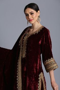 Wine red kurta with zardozi, badla embroidery and sequin detail. Comes with embroidered sharara and dupatta. - Aza Fashions Formal Sharara With Dori Work For Diwali, Formal Festive Sharara With Dori Work, Traditional Formal Sharara With Dori Work, Red Sharara With Dabka For Formal Occasions, Formal Red Sharara With Dabka Detail, Badla Embroidery, Embroidered Sharara, Jayanti Reddy, Kurta Sharara Set