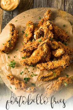 fried vegetable fries on a plate with dipping sauce in the background and text overlay