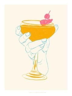 a drawing of a hand holding a cocktail glass with a cherry on top, in pastel