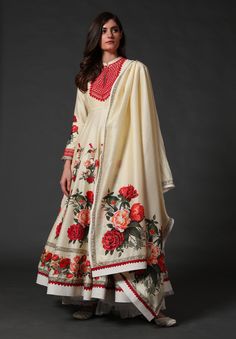 Rohit Bal-Ivory Digital Print Anarkali Set-INDIASPOPUP.COM Rohit Bal Saree, Floral Print Anarkali, Silk Anarkali, Pakistani Clothes, Rohit Bal, Long Kurti, Long Kurti Designs, Pakistani Dress, Dress Indian