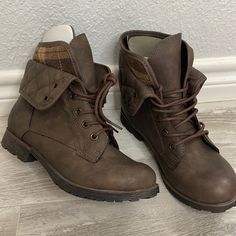 In New Excellent Condition And In The Original Box. Heel Is 1 Inch High And Front Sole Is .5 Inch High For A .5 Inch High Rise. Lace Up Front With A Fold Over Style. Shaft Can Be Folded Back Up For A Higher Shaft. Double Lining Look With Plaid Fleece Peeking Out. Distressed, Man-Made Leather Look To The Material. Candy Brown, Candy Shoes, Candies Shoes, Rock Candy, Fold Over, Spray Paint, High Boots, Bootie Boots, Dark Brown