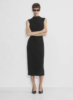 BOTANIST DRESS Sleek Work Dresses With Side Slits, Sleek Workwear Dresses With Side Slits, Stretch Turtleneck Midi Dress For Party, Sleek Midi Dress With Side Slits For Work, Chic Fitted Midi Dress With Side Slits, Sleek High Neck Dress For Date Night, Sleek High Neck Evening Dress, Sleek Elastane Midi Dress For Date Night, Classic Stretch Dress For Date Night