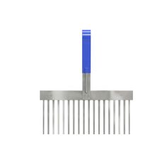 a metal comb with blue handle on a white background