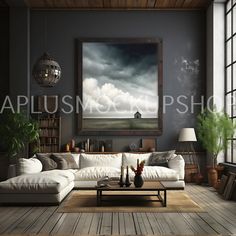 a living room filled with furniture and a painting hanging on the wall above it's windows