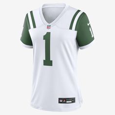 Rep one of your team's top stars with this New York Jets Jersey. Proper ventilation and a form fit help provide a dry, comfortable wear with the authentic look of the on-field uniform. White Jersey For Fan Gear, White Jersey For Game Day, Fan Apparel, White Baseball Jersey For Game Day, White Jersey For Game Day Fan Apparel, White Fan Apparel Jersey For Game Day, White Sports Fan Jersey With Team Logo, White Baseball Jersey With Team Logo, Nike White Jersey With Team Name, White Nike Jersey For Fan Gear