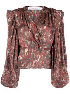 paisley-print silk blouse from IRO featuring dark red, silk, paisley print, V-neck, long sleeves and curved hem. Red Long Sleeve Blouse With Paisley Print, Luxury Paisley Print Blouse, Vintage Long Sleeve Paisley Print Blouse, Fitted Button-up Paisley Print Blouse, Paisley Embroidery, Edgy Glam, Paisley Print Blouse, Printed Silk Blouses, Embroidery Blouse