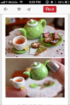 there are pictures of teapots and cookies on the table, one is green with white polka dots