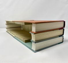 three books stacked on top of each other with one open book in the middle and another closed