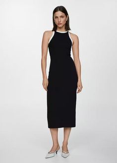 Contrast ribbed knit dress - Women | Mango USA Chic Sleeveless Midi Dress In Elastane, Chic Midi-length Sleeveless Elastane Dress, Elegant Ribbed Halter Neck Dress, Chic Sleeveless Ribbed Stretch Dress, Summer Ribbed Elastane Dress, Summer Dress With Ribbed Neckline, Mango Outlet, Womens Knit Dresses, Ribbed Knit Dress