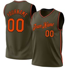 Custom Olive Orange-Black Authentic Throwback Salute To Service Basketball Jersey Casual Basketball Jersey With Team Logo, Sleeveless College Jersey With Team Spirit Style, Sleeveless Team Jersey For Sports Events, Sleeveless Jersey With Letter Print For Team Events, Sleeveless Letter Print Jersey For Team Events, Casual Basketball Jersey With Letter Print, Varsity Basketball Jersey For Sports Season, Sleeveless Jersey With Letter Print For Sports, Letter Print Sportswear Tops For Basketball