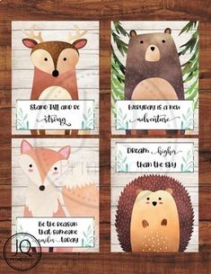 four cards with different animals on them and the words, each have an animal's face