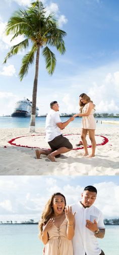 two people sitting on the beach and one person standing in front of a palm tree