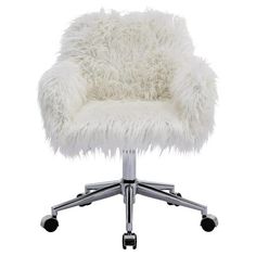 a white furry chair with wheels and casteors on an aluminum base, against a white background