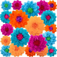 multicolored paper flowers arranged in rows