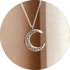 Silver Half Moon Jewelry Engraved, Elegant Sterling Silver Half Moon Necklace, Silver Half Moon Engraved Jewelry, Spiritual Sterling Silver Crescent Jewelry, Sterling Silver Crescent Spiritual Jewelry, Spiritual Crescent Sterling Silver Jewelry, Nickel Free Sterling Silver Crescent Necklace, Nickel-free Silver Half-moon Necklace, Nickel-free Silver Half Moon Necklace