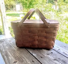 a picnic basket sitting on top of a wooden table