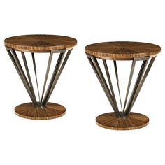 two wooden tables sitting next to each other on top of a white surface with metal legs