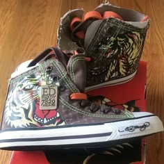 Ed Hardy Kids Highrise Chocolate Canvas Hi Top Athletic Sneaker Shoe Size 3 -4-5 Nwt In A Original Box Brown Round Toe Sneakers For School, Brown Low-top Sneakers For School, Ed Hardy Shoes, Cool Sneakers, Holiday Wishlist, Shoes Outfit Fashion, Aesthetic Streetwear, Fashion Vocabulary, Shoes Outfit