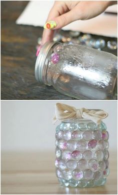 two pictures one has a glass jar and the other has buttons on it with bows