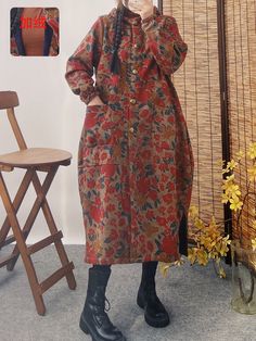 Women's Ethnic Jacket Coat Single-Breasted Floral Print Tribal Long Coat Long Floral Print Winter Outerwear, Bohemian Brown Outerwear With Pockets, Folk Style Patchwork Outerwear For Fall, Folk Style Patchwork Fall Outerwear, Bohemian Winter Outerwear With Button Closure, Bohemian Floral Print Outerwear For Fall, Bohemian Button-up Outerwear With Buttons, Bohemian Fall Outerwear With Buttons, Fall Bohemian Outerwear With Stand Collar