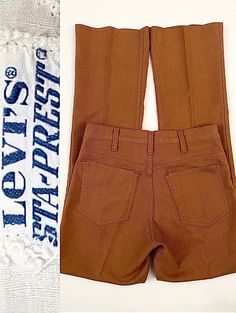 "Vintage 70's Sta-Prest, Levi's 646, Bell Bottom, Pants (W30) These Levi's 646 bell bottom pants come in a copper brown with two back pockets, (front pockets are sewn shut) and has a metal zipper fly, belt loops, bell bottom flare. The fabric is a light weight and is with Stretch. Dated: 5/78. Cotton Polyester Made in USA *The Black Levi's Tab has been cut off. *Free shipping within the US, and will go Priority Mail for a quick delivery! Size: (W30\" x L32\")  (Tag Size: 30x36) Waist: 30\"  Hips 70s Inspired Straight Leg Pants For Fall, 70s Inspired Brown Bottoms For Fall, Retro Brown Straight Leg Bottoms, Vintage Straight Leg Pants For Fall, Vintage Pants For Fall, Vintage Trousers For Fall, Vintage Flare Bottoms For Fall, Vintage Flare Pants For Fall, Brown Flared Cotton Pants