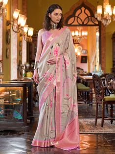 This stunning saree is the perfect choice for weddings, festivals, and other special occasions. The vibrant mustard light grey & pink color, paired with intricate zari weaving and floral print work, truly make this saree a standout piece that will make you the center of attention wherever you go. The contrast color banarasi silk blouse adds an extra touch of glamour to the ensemble. The saree and unstitched blouse material comes in 5.50 meters, providing you with ample fabric to create a cus Trendy Saree, Lehenga Crop Top, Lehenga Choli Wedding, Reception Gown, Bollywood Lehenga, Plus Size Gowns, Banarasi Silk Saree, Ethnic Looks, Casual Saree