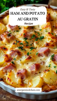 ham and potato casserole in a white dish with parsley on the side