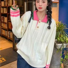 Off White Sweater With Pink And Green (Aka Colors) Trim Cozy Texture New Never Worn. Fits Size 10-12. Preppy Pink Tops For Fall, Casual White Collared Sweater, Off White Sweater, Cozy Texture, Custom Made Clothing, White Sweater, Fall Outfits Women, Contrast Trim, Pattern Blocks