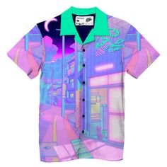 Embrace the tropical, retro-inspired vibe with Vapor95's Hawaiian Shirts collection. Perfect for summer days, our shirts blend the style of the 80s and 90s with the aesthetic of Vaporwave and Y2K fashion. Handmade in the USA. | Shorts, Tees, Swim Trunks, Swimsuits, Tank Tops. Green Digital Print Top For Summer, Fitted Tops With All Over Print For Streetwear, Urban Style Graphic Print Summer Shirt, Purple Sublimation Print Top For Summer, Purple Tops With Sublimation Print For Summer, Casual Purple Tops With All Over Print, Urban Tops With Sublimation Print For Summer, Urban Summer Tops With Sublimation Print, Casual Purple Top With All Over Print