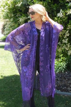 Haute Mess, Sequin Kimono, Purple Floral Pattern, Fantasy Wardrobe, Kimono Duster, Lace Kimono, Long Kimono, Purple Fabric, Purple Lace