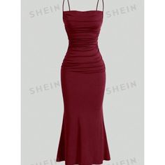 Shein Mod Nwt Red Solid Ruched Cami Midi Dress Xs Spaghetti Strap Dress With Ruched Sides, Draped Neckline And Midi Length Size: Xs Condition: New With Tags Brand: Shein Silk Red Hoco Dress, Red Silky Dress Long, Silk Red Dress, Red Hoco Dress, Long Hoco Dresses, Prom Dress Inspo, Dresses Shein, Gorgeous Prom Dresses, Cami Midi Dress