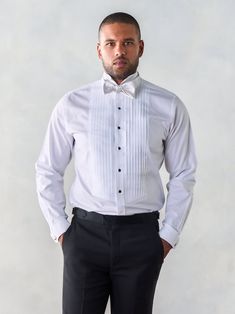 Fitted Tuxedo Shirt For Formal Occasions, Formal Fitted Tuxedo Shirt, Formal Tuxedo Shirt, Classic Fitted Shirt For Black Tie Event, Classic Fitted Dress Shirt For Party, Classic Tailored Top For Party, Elegant White Shirt With Bow Detail, Formal Long Sleeve Tops With Bow Tie, Classic Tailored Tuxedo With Bow Tie