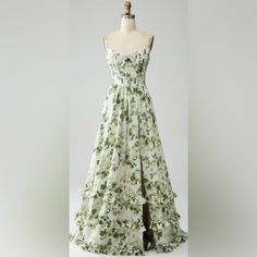 Size 12, Brand New And Never Wore, Sage Green Floral Gown Spring Green Gown With Fitted Bodice, Summer Wedding Gown In Green, Green Floral Print Prom Dress, Green Gown For Spring Garden Party, Fitted Green Summer Gown, Summer Green Gown With Fitted Bodice, Green Gown With Fitted Bodice For Summer, Green Spring Maxi Dress For Prom, Elegant Green Gown For Garden Party